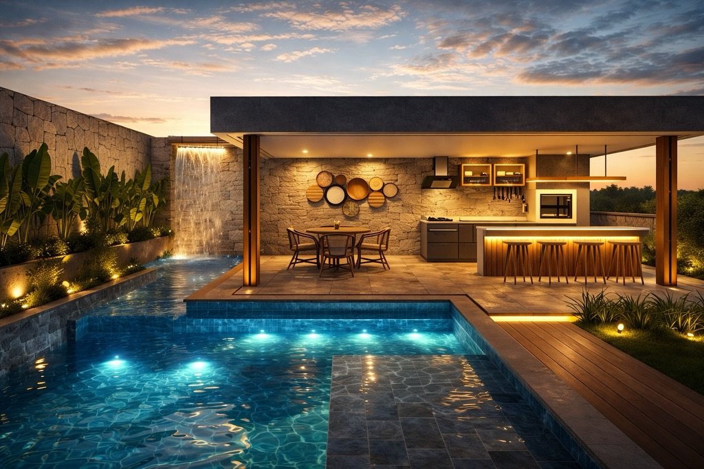 Área de lazer residencial ao entardecer, com piscina iluminada e espaço gourmet