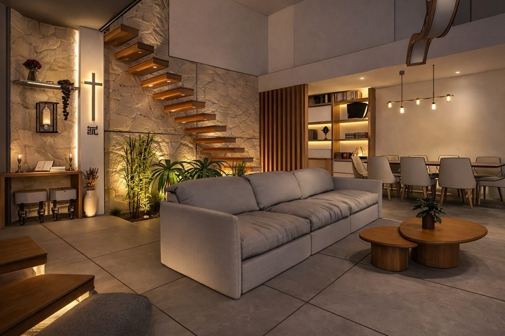 Living residencial com escada de madeira, parede em pedra e iluminação cênica